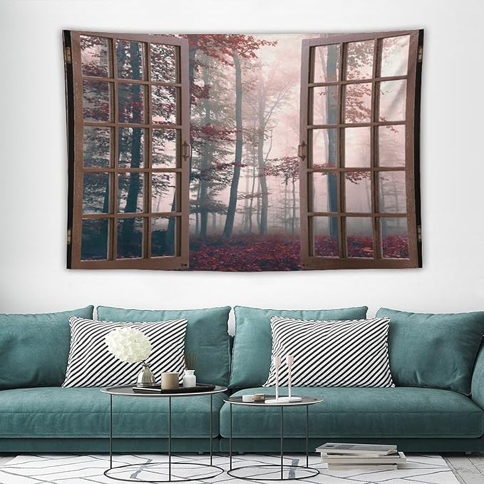 ZhiRain Nature Forest Tapestry Wall Hanging Autumn Mystic Foggy Fall Enchanted Woods Wild Trees Print Tapestries Home Decor for Living Room Bedroom Apartment Farmhouse Dorm 40"x60"
