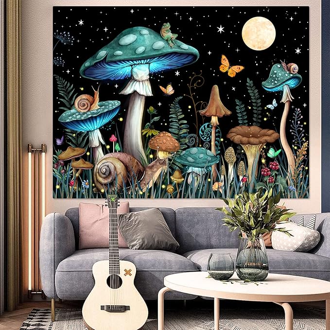 Zussun Teal Mushroom Tapestry Moon Star Tapestries for Bedroom Aesthetic Starry Night Green Plant Tapastrys Wall Hanging Butterfly Snail Frog Wall Tapestry for Living Room Dorm (Green, 90" x 68")