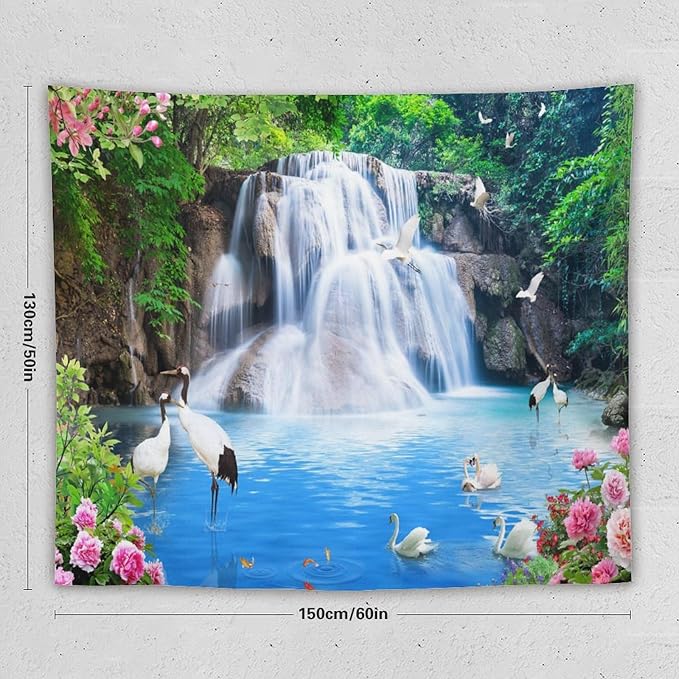 ZhiRain Waterfall Landscape Tapestry Wall Hanging Natural Forest Garden Trees And Roses Flower Scenery Tapestries Home Decor for Living Room Bedroom Apartment Farmhouse Dorm 50"x60"