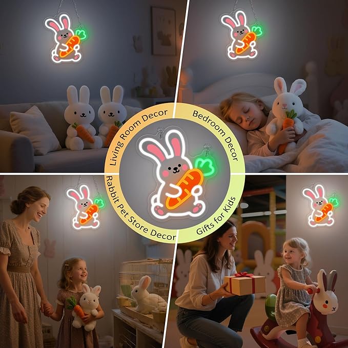 YuanDian Bunny Neon Sign, Animal Neon Lights for Bedroom Living Room Wall Decor, Birthday Party Gifts for Kids Adults People Who Love Rabbits