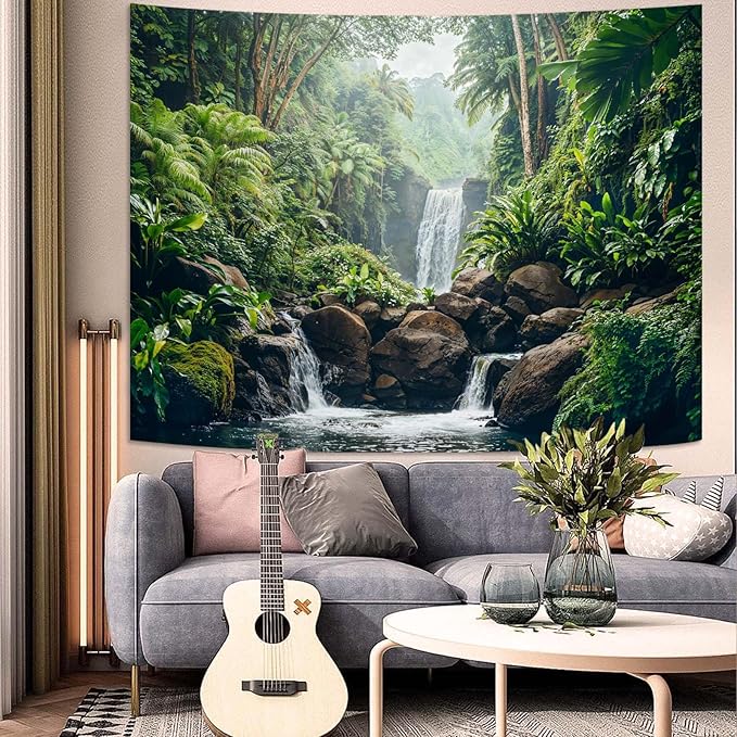 Zussun Nature Forest Tapestry Green Rainforest Tree Wall Tapestry for Bedroom Aesthetic Waterfall Lush Landscape Small Tapestries Wall Hanging for Dorm Living Room Decor 48 x 36 Inch