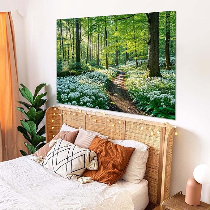Zussun Nature Forest Tapestry Green Tree Woodland White Flower Path Tapestry for Bedroom Aesthetic Sunshine Landscape Large Tapestries Wall Hanging for Dorm Living Room Decor 80 x 60 Inch