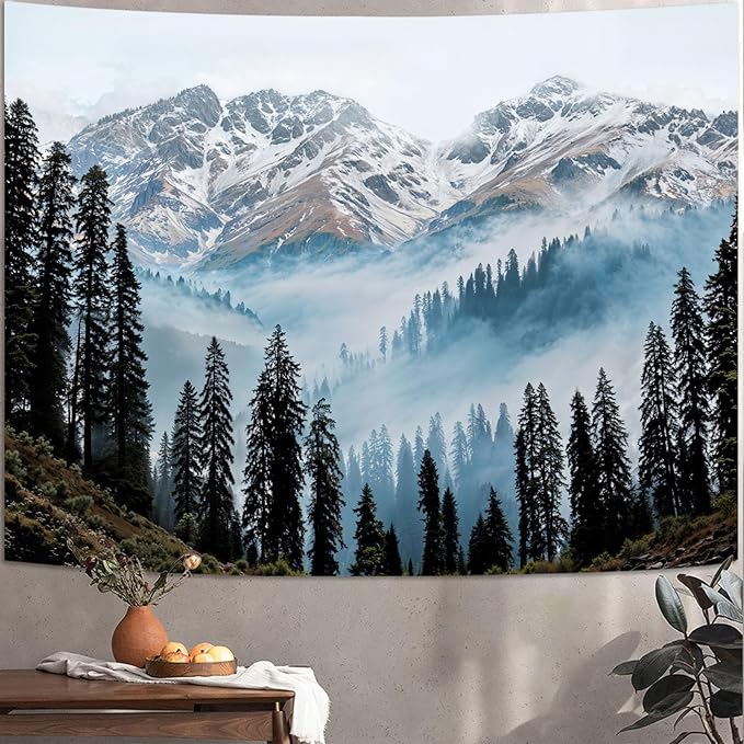 Zussun Nature Mountain Forest Tapestry Pine Tree Jungle Wall Tapestry for Bedroom Aesthetic Misty Snowy Landscape Large Tapestries Wall Hanging for Dorm Living Room Decor 80 x 60 Inch