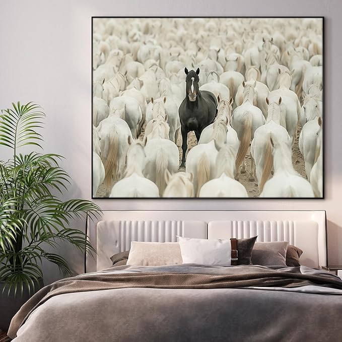 46"x60" XL Framed Wall Art - Unique Black Horse Amidst White Herd Animal (Frame Assembly Required)