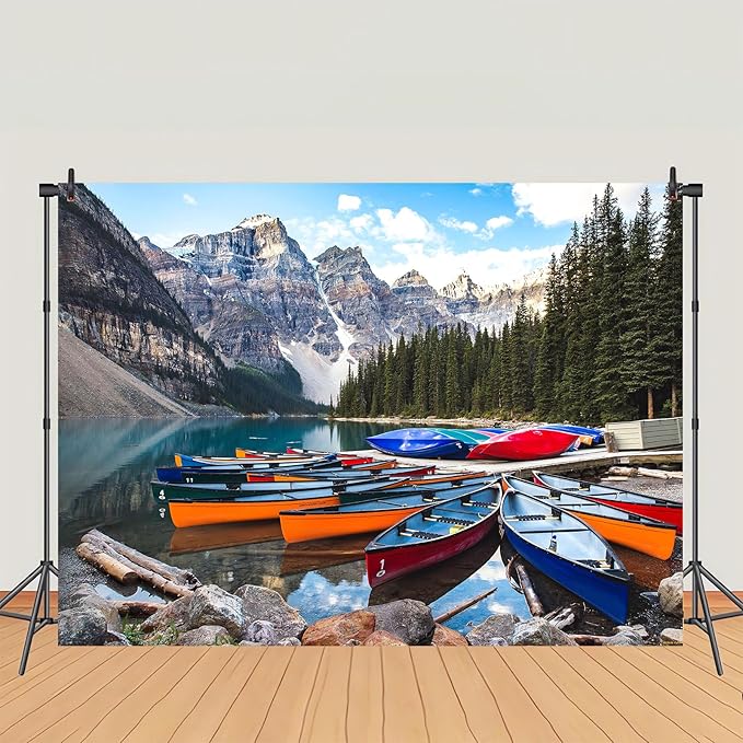 ZHXYMMS Mountain Lake Backdrop Banff National Park Lake Forest Scenery Photography Background Canadian Rockies Pine Trees Lakeside Canoe Outdoor Decorations Banner Photo Booth Studio Props 9x6ft