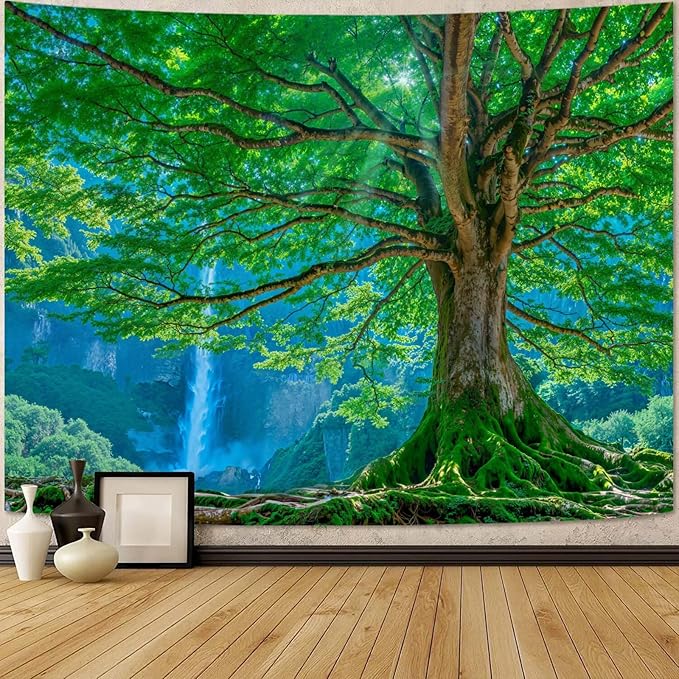 Zussun Nature Forest Mountain Tapestry Big Green Tree Tapestry for Bedroom Aesthetic Mountain Waterfall Landscape Large Tapestries Wall Hanging for Dorm Living Room Decor 80 x 60 Inch