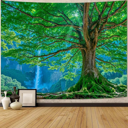 Zussun Nature Forest Mountain Tapestry Big Green Tree Tapestry for Bedroom Aesthetic Mountain Waterfall Landscape Large Tapestries Wall Hanging for Dorm Living Room Decor 80 x 60 Inch