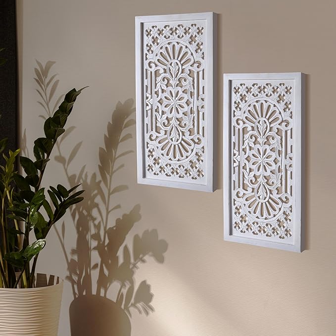 Wood Wall Art - Wall Panels in Handcrafted Carved Wood For Livingroom Bedroom,Dining room,Elegant Decorative Wall Art for Home & Office 12x24" Set of 2 White Antique_Cutwork Designs