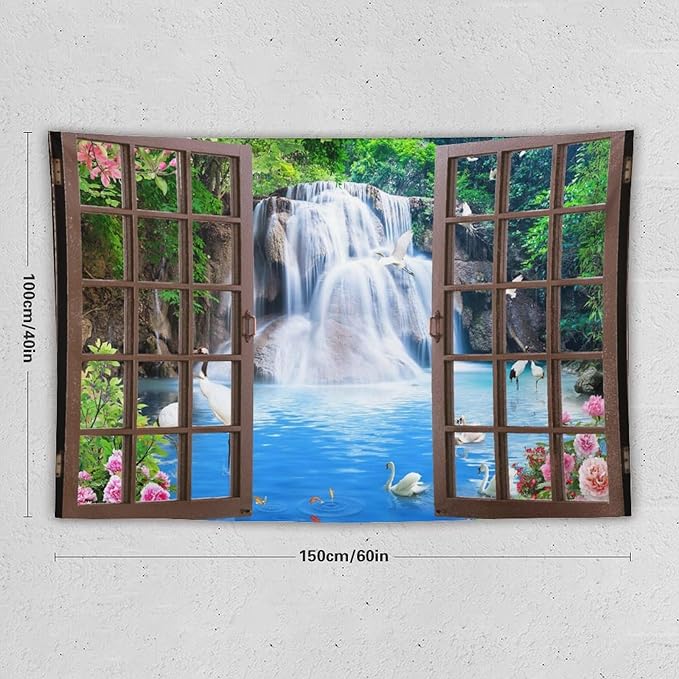 ZhiRain Waterfall Landscape Tapestry Wall Hanging Natural Forest Garden Trees And Roses Flower Scenery Tapestries Home Decor for Living Room Bedroom Apartment Farmhouse Dorm 40"x60"