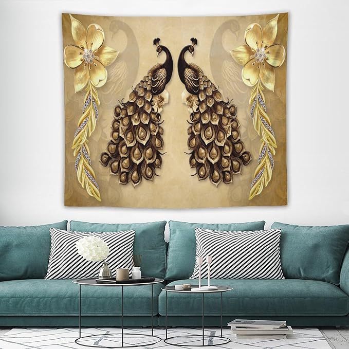 ZhiRain Gold Peacock Tapestry Wall Hanging Vintage Bird Rustic Animal Elegant Flower Luxury Tapestries Home Decor for Living Room Bedroom Farmhouse Apartment Dorm 50"x60"
