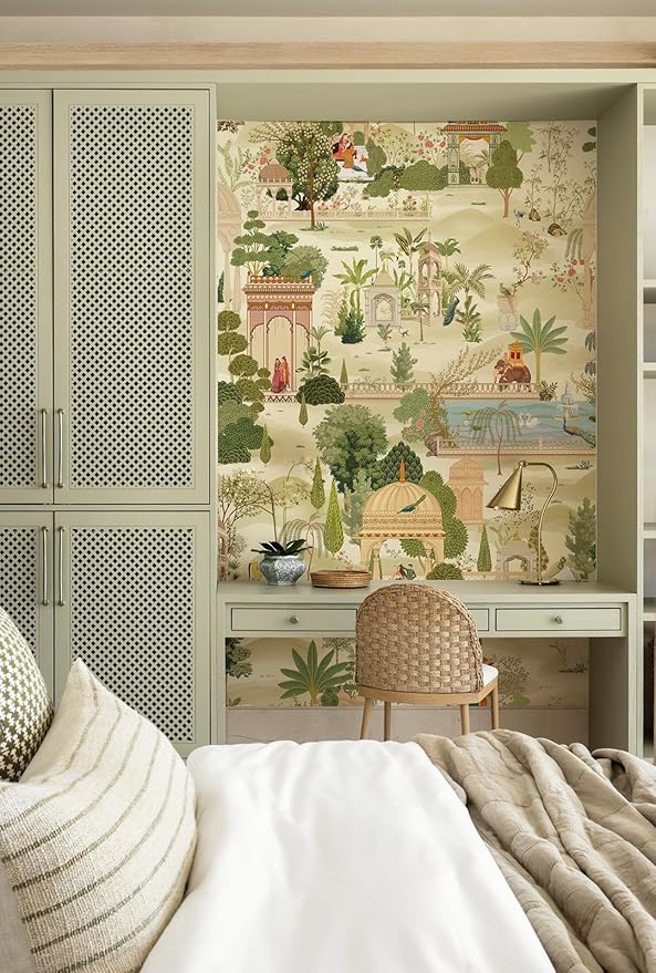 Zeeko Exotic Tropical Green Wall Mural Peel and Stick 59" W x 98" H Botanical Indian Garden Canvas Waterproof Self-Adhesive Removable Wallpaper for Hallway Large Art Wall Decor