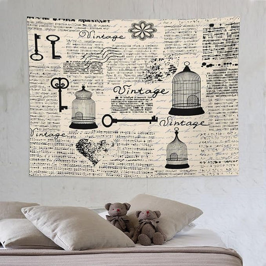 ZhiRain Old Newspaper Tapestry Wall Hanging Bird Cages Grunge Retro Pattern Keys Heart Shapes And Flower Tapestries Home Decor for Living Room Bedroom Apartment Farmhouse Dorm 60"x80"