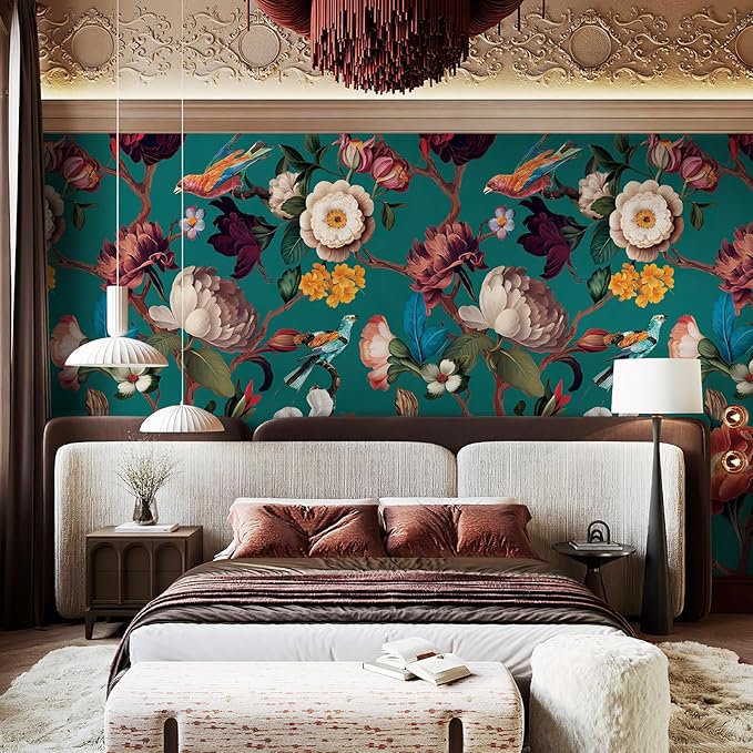 Zeeko Blue Floral Mural Peel and Stick Wallpaper Removable Vintage Wallpaper Large Art Decor for Bedroom Livingroom Home 118'' x 65''