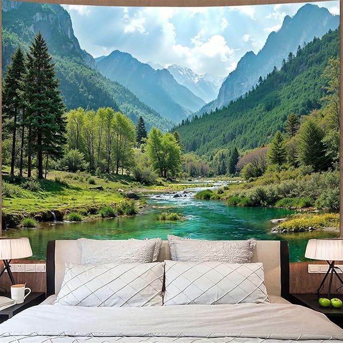 Zussun Nature Mountain Forest Tapestry Sage Green Tree Stream Wall Tapestry for Bedroom Aesthetic Lush Woodland Landscape Large Tapestries Wall Hanging for Dorm Living Room Decor 80 x 60 Inch