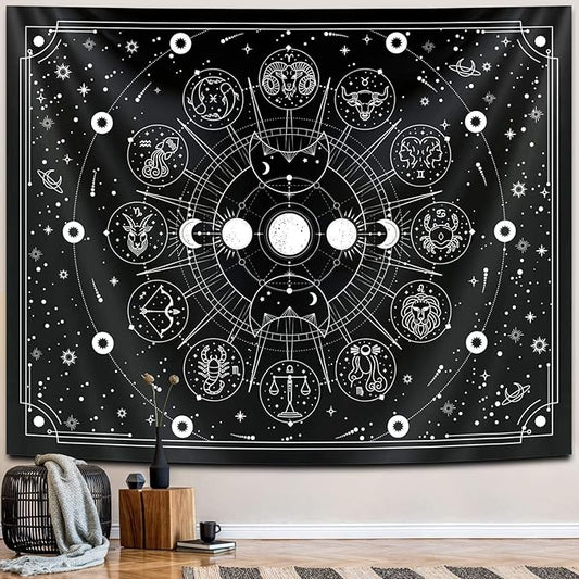 Zodiac Astrology Witchy Wall Tapestry, Black White Constellation for Wall Decor, Stars Space Psychedelic Bedroom Aesthetics, Living Room, Home, Dorm (70 x 90 inches)