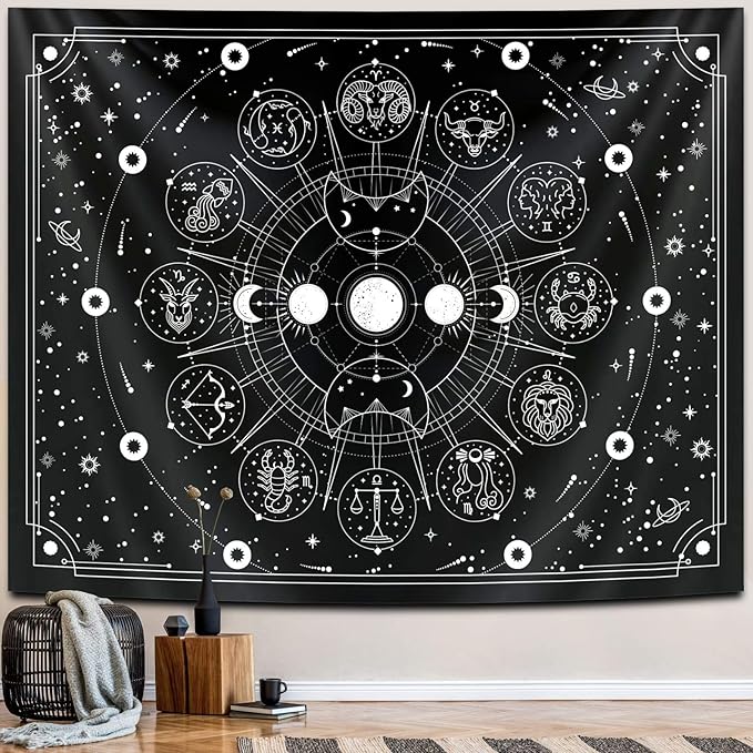Zodiac Astrology Witchy Wall Tapestry, Black White Constellation for Wall Hanging Decor, Stars Space Psychedelic Bedroom Aesthetics, Living Room, Home, Dorm (59 x 78 inches)