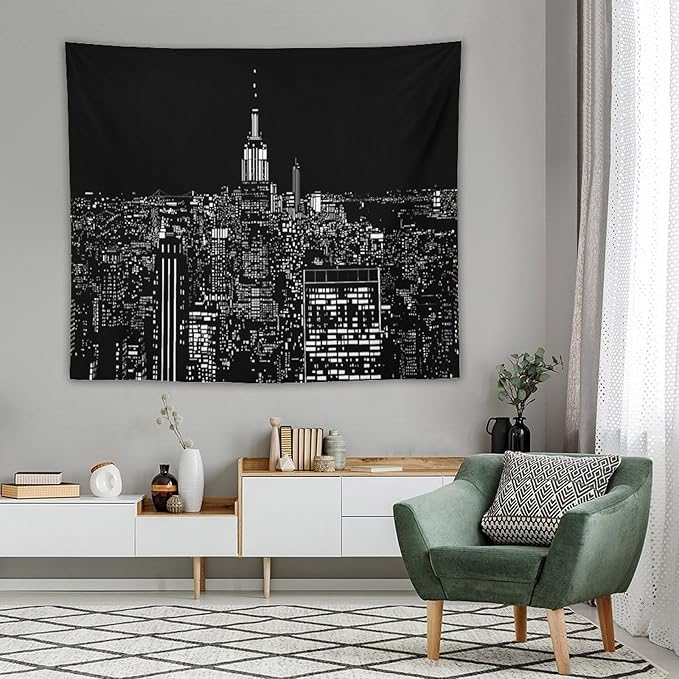 ZhiRain New York Tapestry Wall Hanging Black White Modern Night City Light Tapestries Home Decor for Living Room Bedroom Apartment Farmhouse Dorm 50"x60"