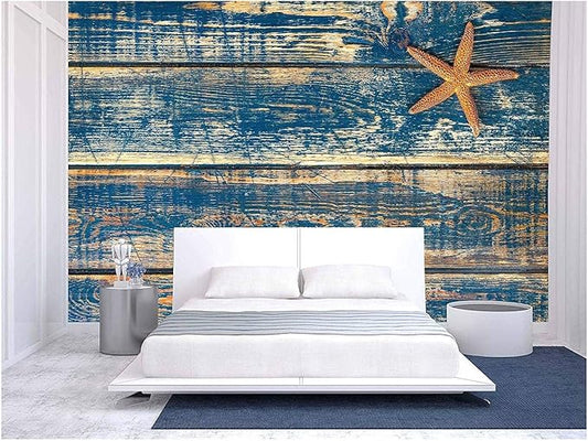 wall26 - Wooden Background with Starfish - Removable Wall Mural | Self-Adhesive Large Wallpaper - 100x144 inches
