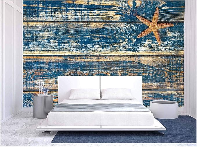 wall26 - Wooden Background with Starfish - Removable Wall Mural | Self-Adhesive Large Wallpaper - 66x96 inches