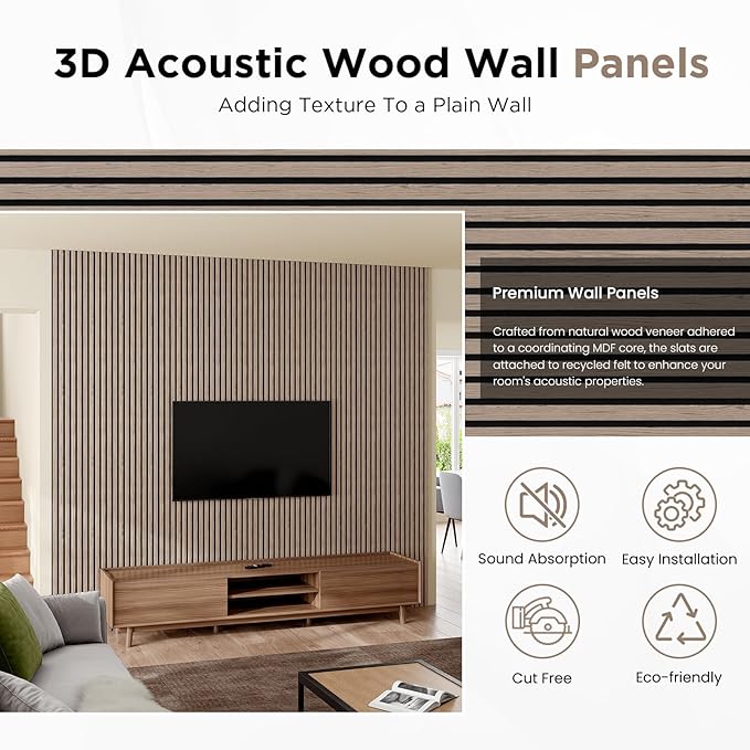 Wood Slat Acoustic Panels, 94.5" x 12.6" Each Soundpoof Wooden Slat Wall Panel - Walnut, 4 Pack