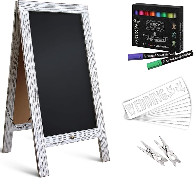 A Frame Chalkboard with Chalk Markers by HBCY Creations: 40x20 Solid Wood A-Frame Sign Whitewash Double-Sided Magentic Menu Board, Deluxe Set Includes 8 Chalk Markers, 10 Stencils, 2 Magnets