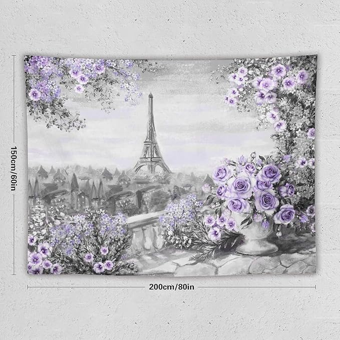 ZhiRain Vintage Paris Tapestry Wall Hanging Eiffel Tower Purple Rose Flower Spring Cityscape Gray Tapestries Home Decor for Living Room Bedroom Apartment Farmhouse Dorm 60"x80"