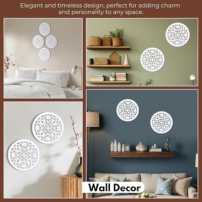 Wood Wall Art - Wall Panels in Handcrafted Carved Wood For Livingroom Bedroom,Dining room,Elegant Decorative Wall Art for Home & Office 12x12" Set of 6 white Antique