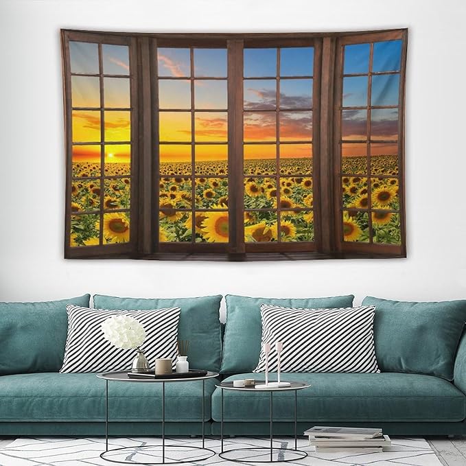 ZhiRain Sunflowers Landscape Tapestry Wall Hanging Through The Window Fields Sunset Scenery Tapestries Home Decor for Living Room Bedroom Apartment Farmhouse Dorm 40"x60"