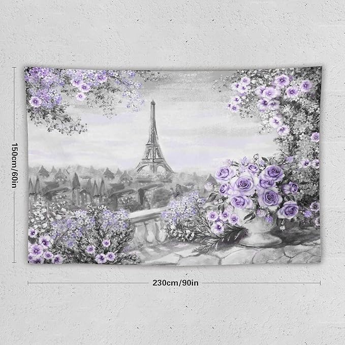 ZhiRain Vintage Paris Tapestry Wall Hanging Eiffel Tower Purple Rose Flower Spring Cityscape Gray Tapestries Home Decor for Living Room Bedroom Apartment Farmhouse Dorm 60"x90"