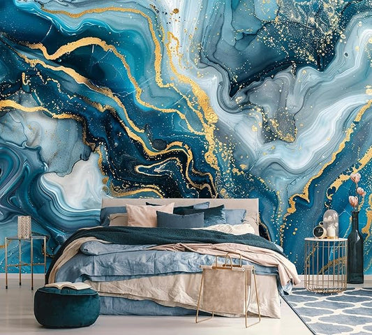 AFZEVEB-Blue and Gold Marble Wallpaper Abstract Art Wall murals for Bedroom 114"x74" (Not Peel and Stick)