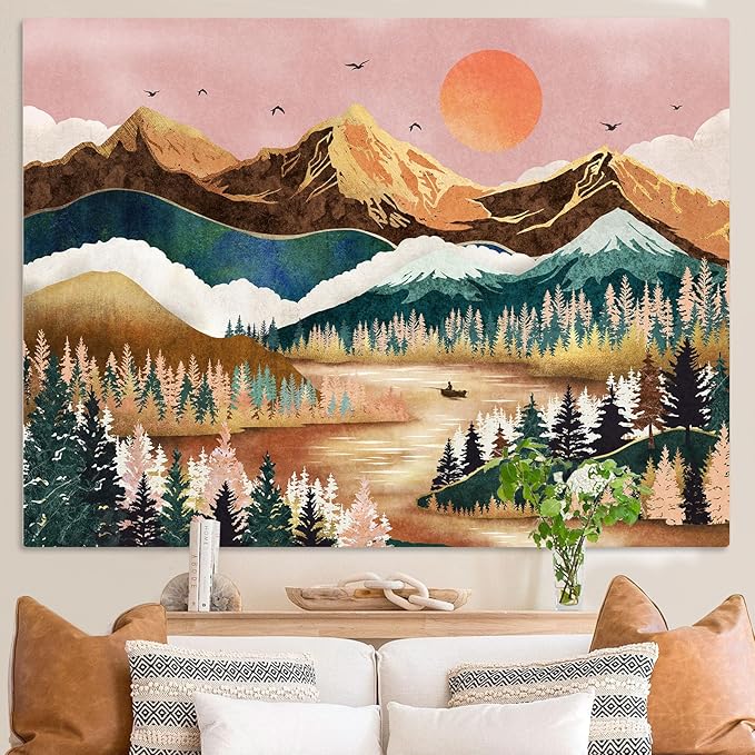 Zussun Mountain Tapestry Nature Forest Tree Tapestries for Bedroom Aesthetic Sunset Tapastry's Wall Hanging Orange and Green Landscape Wall Tapestry for Living Room Dorm (Orange, 90'' × 68'')