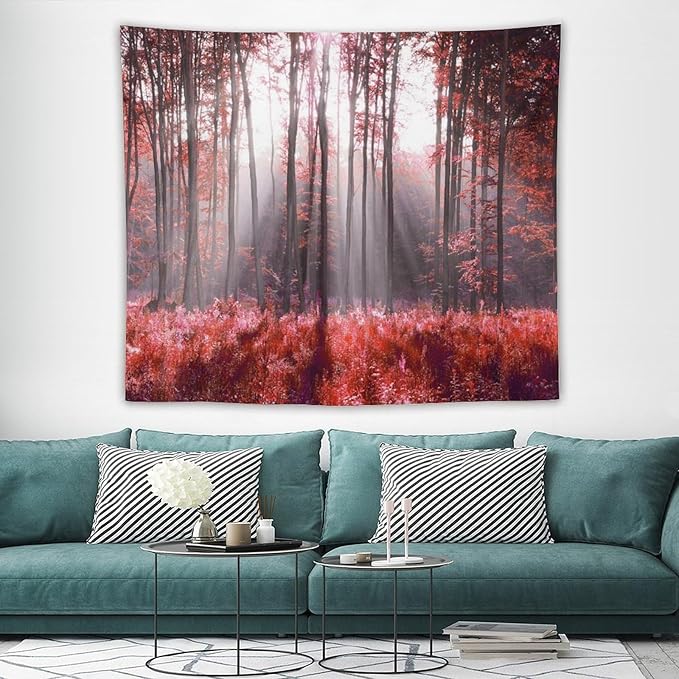 ZhiRain Red Forest Tapestry Wall Hanging Season Foggy Nature And Enchanted Woods Wild Trees Print Tapestries Home Decor for Living Room Bedroom Apartment Farmhouse Dorm 50"x60"