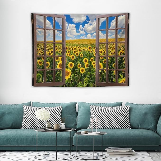 ZhiRain Sunflowers Scenery Tapestry Wall Hanging Fields Blue Sky White Clouds Landscape Tapestries Home Decor for Living Room Bedroom Farmhouse Apartment Dorm 30"x40"