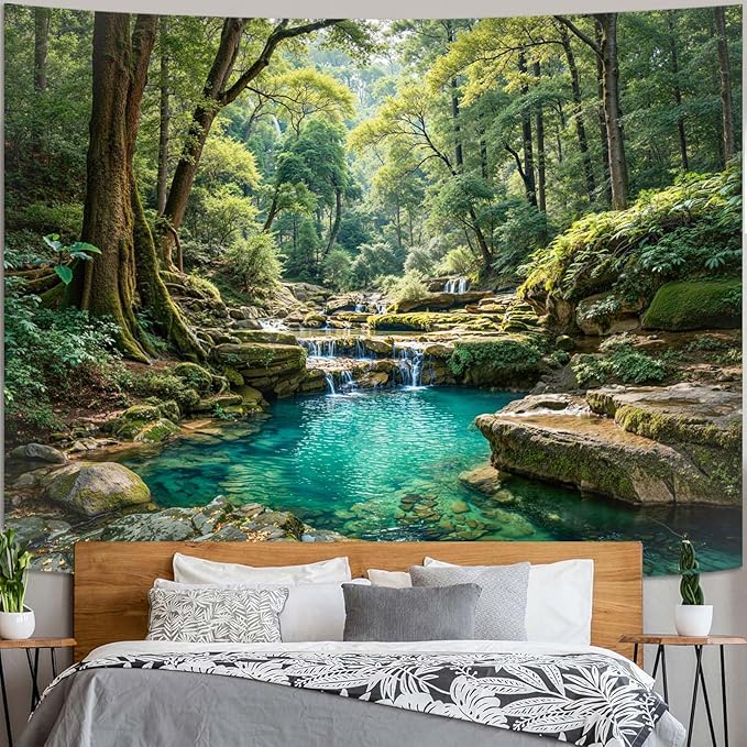 Zussun Nature Forest Tapestry Green Tree Wall Tapestry for Bedroom Aesthetic Plant Stream Pool Landscape Large Tapestries Wall Hanging for Dorm Living Room Decor 90 x 68 Inch