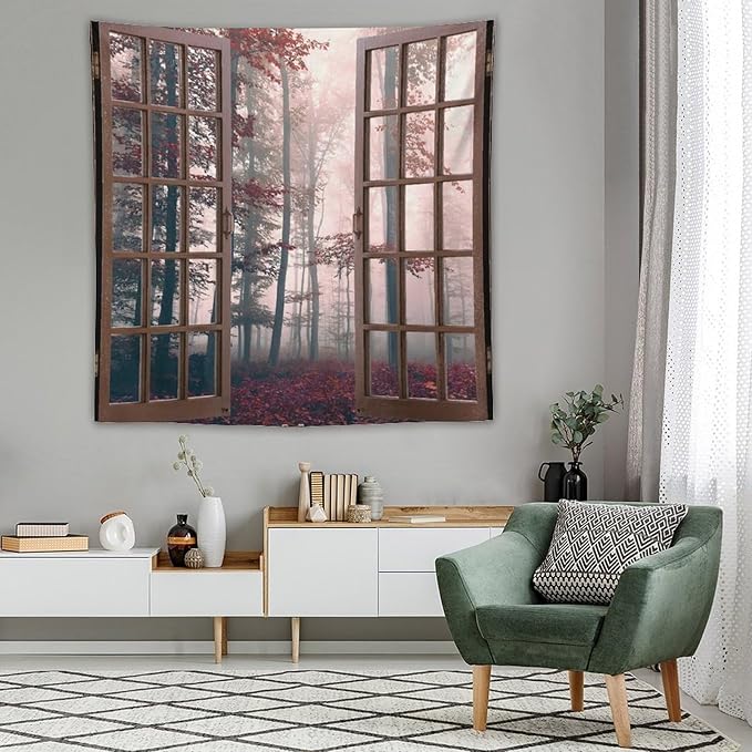 ZhiRain Nature Forest Tapestry Wall Hanging Autumn Mystic Foggy Fall Enchanted Woods Wild Trees Print Tapestries Home Decor for Living Room Bedroom Apartment Farmhouse Dorm 60"x60"