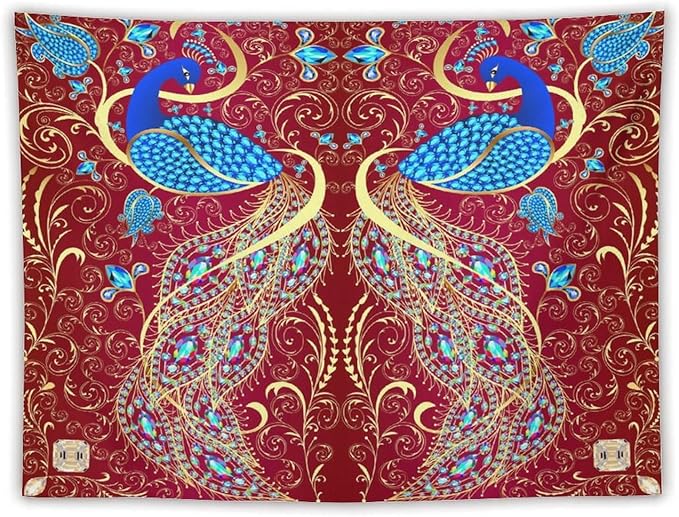 ZhiRain Peacock Ornament Tapestry Wall Hanging Golden Red Background Elegant Bohemian Style Tapestries Home Decor for Living Room Bedroom Farmhouse Apartment Dorm 60"x80"