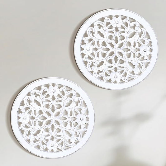 Woodify Hand-Carved Wooden Wall Décor – Set of 2, 12" x 12" Decorative Wood Panels, Floral Design, White Antique Finish, Wall Art for Living Room & Home Décor