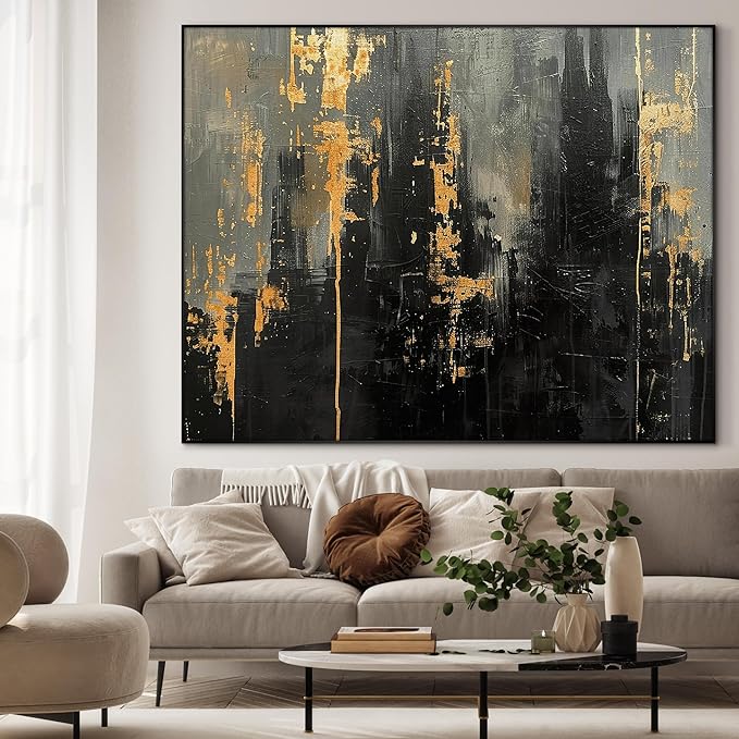 36"x46" XL Framed Wall Art - Modern Black and Gold Urban (Frame Assembly Required)