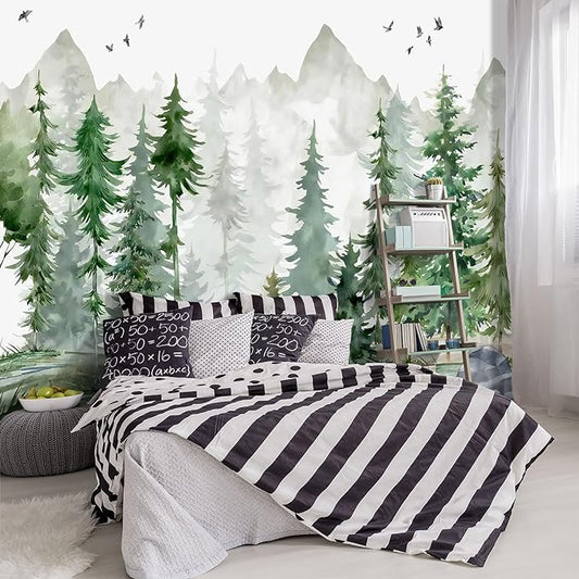 YIHWM -Green Cartoon Pine Forest Nursery Fabric Wallpaper for Boys and Girls Children's Bedroom Living Room Woodland Plants Large Wall Mural- 137"x96"（ not Peel and Stick）