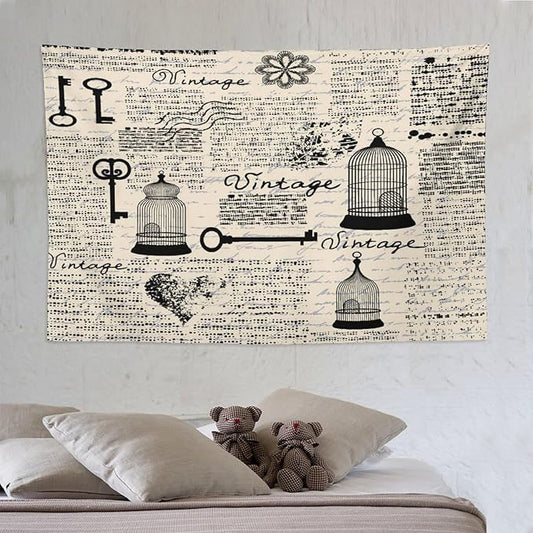 ZhiRain Old Newspaper Tapestry Wall Hanging Bird Cages Grunge Retro Pattern Keys Heart Shapes And Flower Tapestries Home Decor for Living Room Bedroom Apartment Farmhouse Dorm 60"x90"