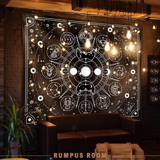 Zodiac Astrology Witchy Wall Tapestry, Black White Constellation for Wall Decor, Stars Space Psychedelic Bedroom Aesthetics, Living Room, Home, Dorm (70 x 90 inches)