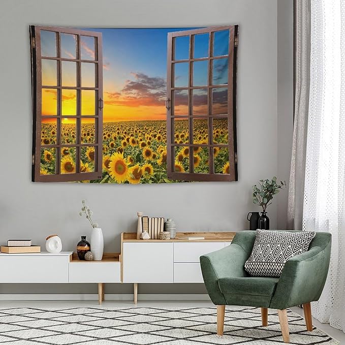 ZhiRain Sunflowers Scenery Tapestry Wall Hanging Through The Window Fields Sunset Landscape Tapestries Home Decor for Living Room Bedroom Apartment Farmhouse Dorm 60"x80"