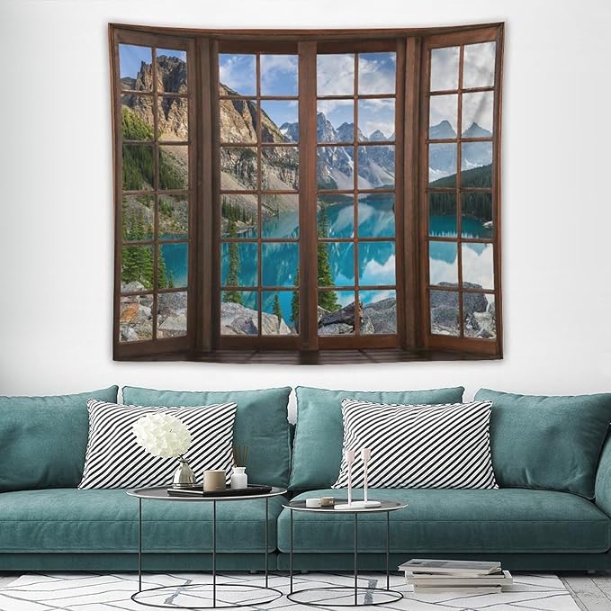 ZhiRain Mountain Landscape Tapestry Wall Hanging Nature Scenery Lake Pine Tree Forest Blue Sky Through Brown Window Tapestries Home Decor for Living Room Bedroom Apartment Farmhouse 50"x60"