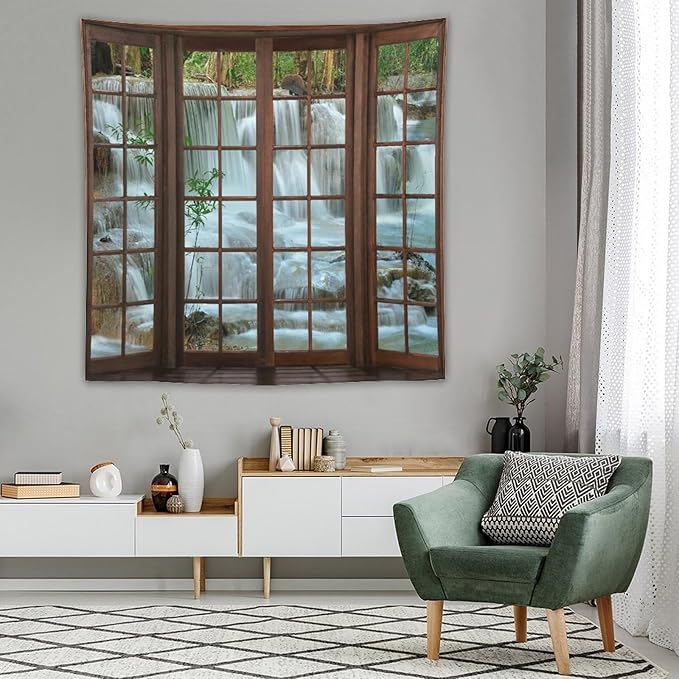 ZhiRain Nature Waterfall Landscape Tapestry Wall Hanging Forest Bamboo Garden Jungle Stream Scenery Tapestries Home Decor for Living Room Bedroom Apartment Farmhouse Dorm 60"x60"