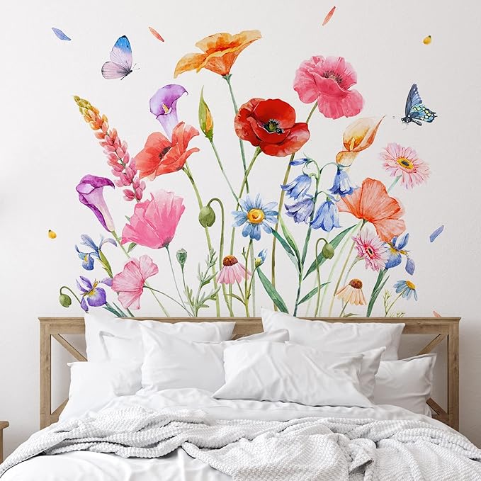 Zonon 6 Pcs Flowers Wall Decals Stickers Vinyl Removable Peel and Stick Colorful Dragonflies Floral Wall Murals Decor for Bedroom Living Room Nursery(Exquisite)
