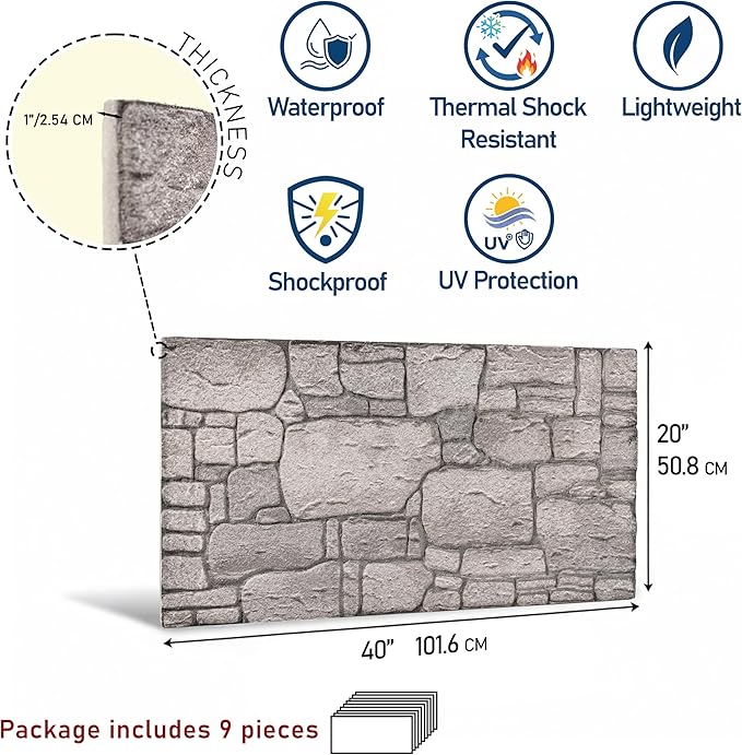 3D Faux Brick Wall Panels (9-Pack) - Easy DIY Install with Adhesive - Lightweight Styrofoam Stone Cladding for Interior & Exterior Limestone - 40"x20"
