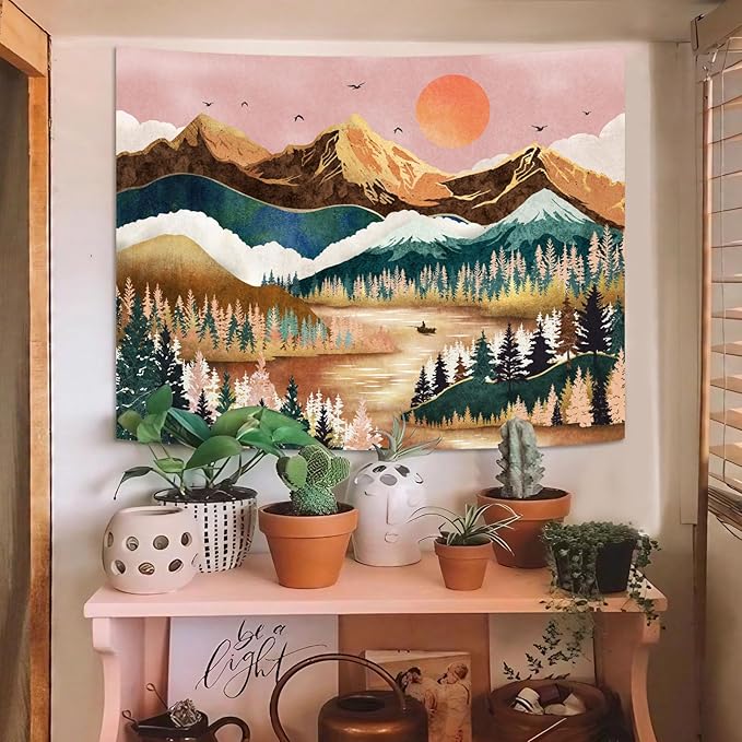 Zussun Mountain Tapestry Nature Forest Tree Tapestries for Bedroom Aesthetic Sunset Tapastry's Wall Hanging Orange and Green Landscape Wall Tapestry for Living Room Dorm (Orange, 48'' × 36'')