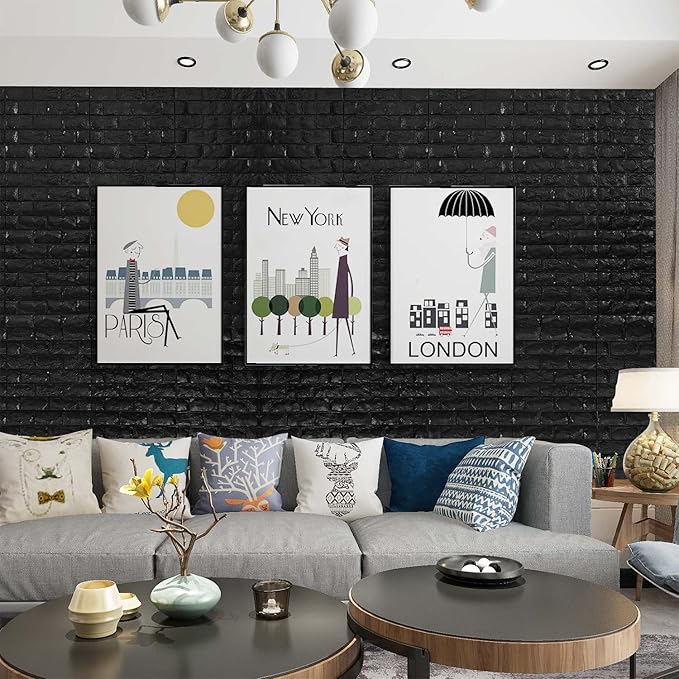 YU LI 3DH 3D Wall Panels Peel and Stick 30PCS Black Foam Brick Wallpaper for Bedroom Faux Stone Wall Panel Self-Adhesive Wallpaper (30PCS-29 Sq Ft, Black)