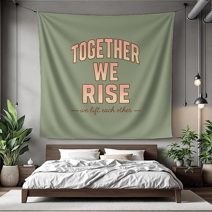 Xolytar Sage Green Tapestry Together We Rise - Preppy Room Decor Aesthetic, Retro Motivational Quote Wall Art for Teen Girls Bedroom, Sorority Dorm, Classroom & Office (50x60)