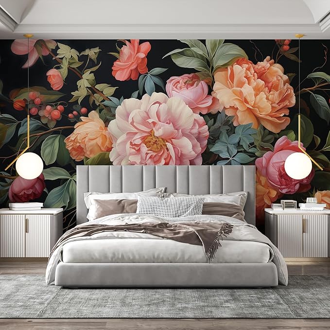 Zeeko Large Floral Peel and Stick Wall Murals 148" W x 98" H Vintage 3D Dark Peony Flowers Wallpaper Self Adhesive Nature Botanical Leaf Wall Stickers for Bedroom TV Background Living Room Decor